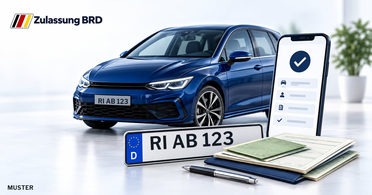 Online Fahrzeugzulassung in Bad Nenndorf: Musterkennzeichen RI AB 123, Auto und Fahrzeugpapiere und Smartphone. Illustration mit Logo von Zulassung BRD.